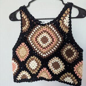 Altar’d State Crochet Cropped Tank Taupe And Black Granny Squares - SIZE S